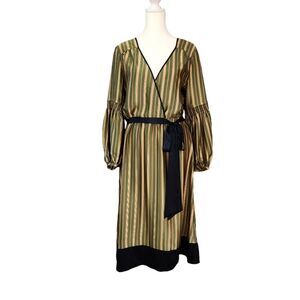 BCBG MaxAzria Vintage Silk Dress Green Yellow Striped Faux Wrap Women's Small